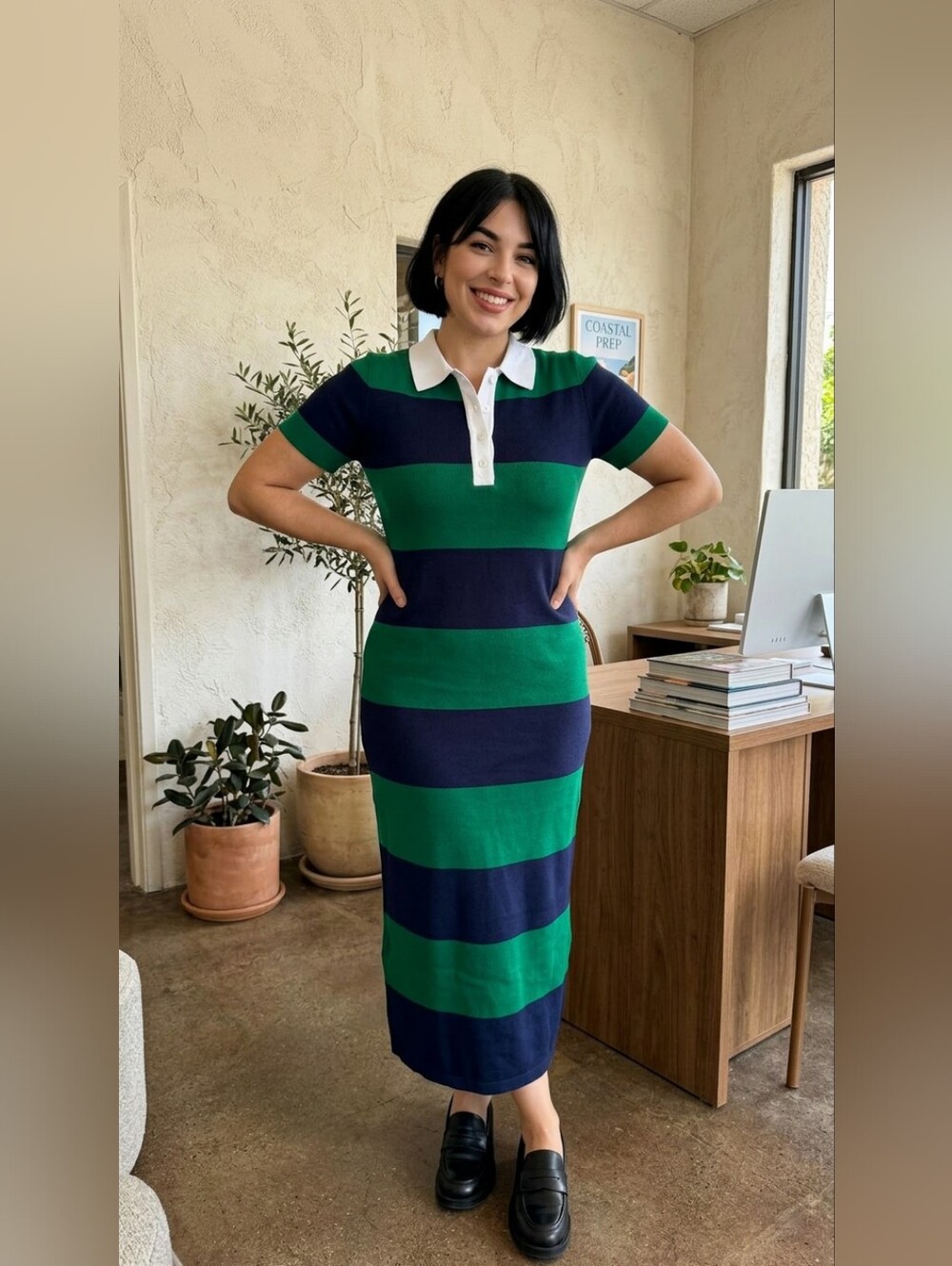 Active USA Navy and Green Striped Polo Midi Dress